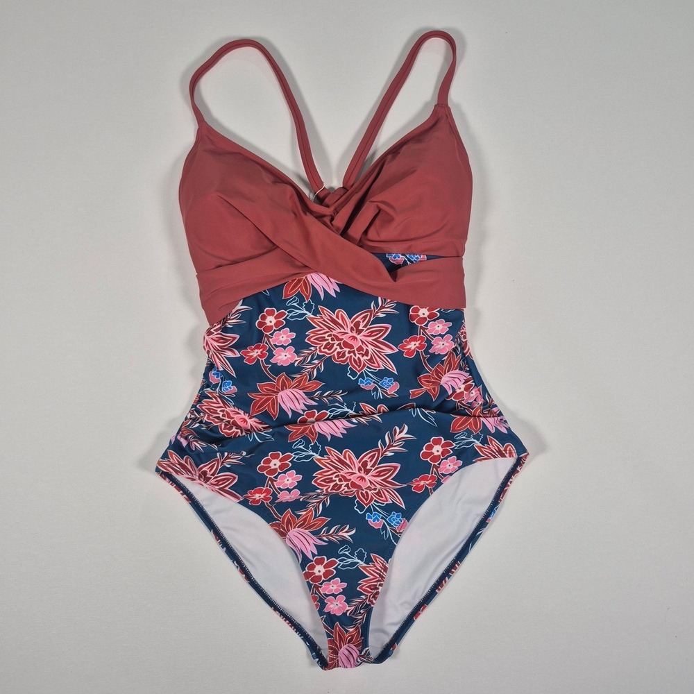 B2PRITY Women Floral One Piece Swimsuit Mauve Navy V-Neck Ruched Size M New‎